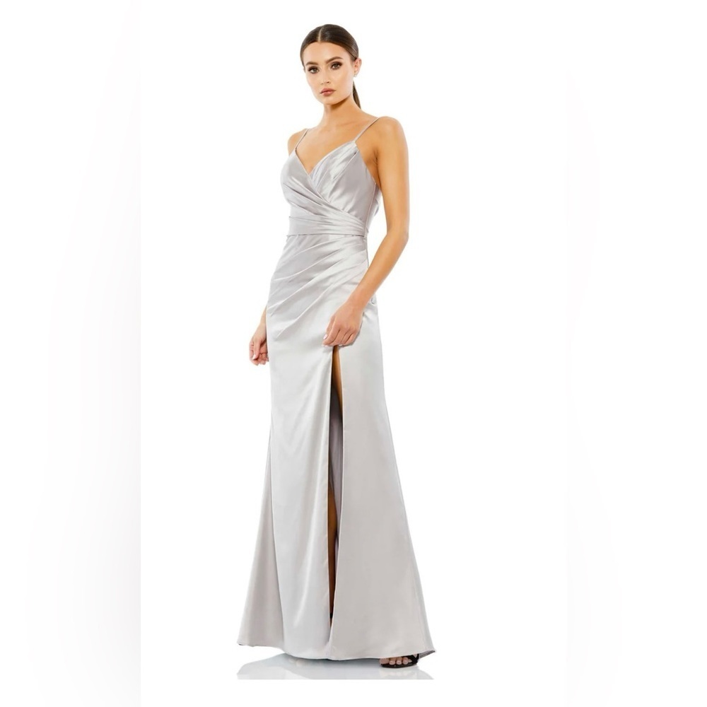 NWT Mac Duggal Satin Sleeveless Faux Wrap Ruched Gown 10